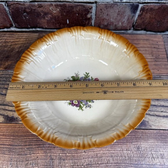 Vtg Homer Laughlin Serving Bowl Rib Floral Burnt Orange Rim 9" A47N8 USA MCM - Picture 4 of 8